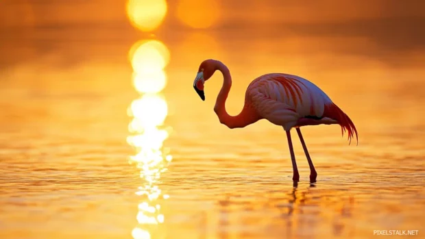 A lone flamingo standing on one leg in crystal clear shallow water under golden morning light.