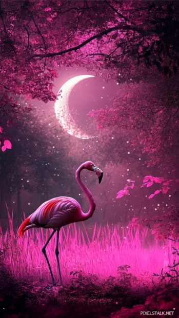 A lone flamingo strolling through luminous pink reeds under a soft crescent moon glow.