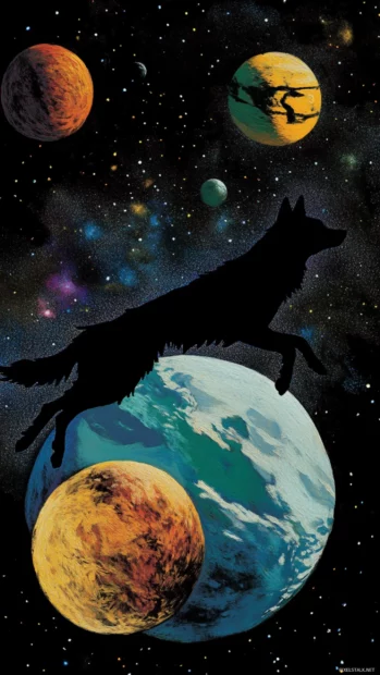A lone shadow wolf leaping from one floating planet to another in space.