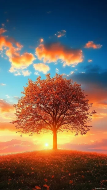 A lone tree standing beneath a brilliant sky in Sunrise Wallpapers for Android.