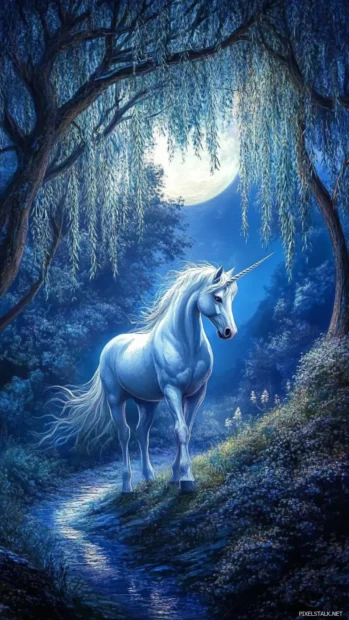 A lone unicorn on a moonlit path surrounded by willow trees swaying.