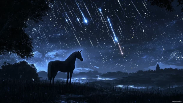 A lone unicorn standing under a meteor shower at night.
