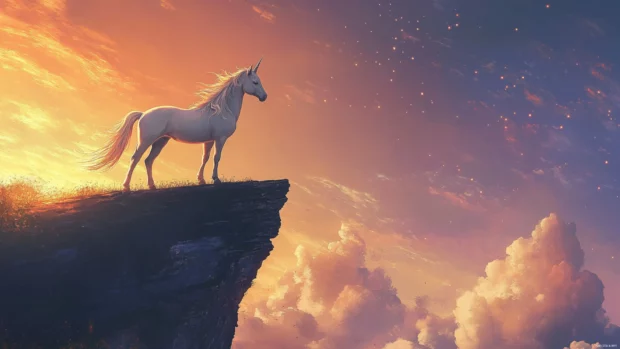 A lone unicorn stares into the horizon from a cliff edge.