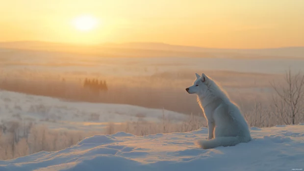 A lone white wolf meditating calmly on top of a snow covered hill under early sunrise.