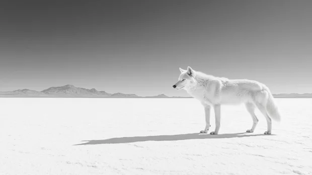A lone white wolf stands in a vast plain of negative space with subtle mountain lines behind.