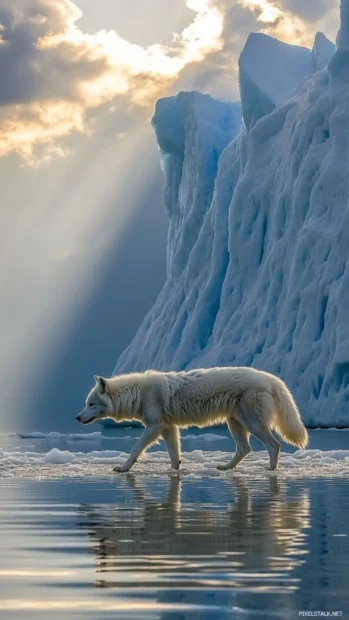 A lone white wolf walking across a vertical glacier wall with sun rays shining through clouds.