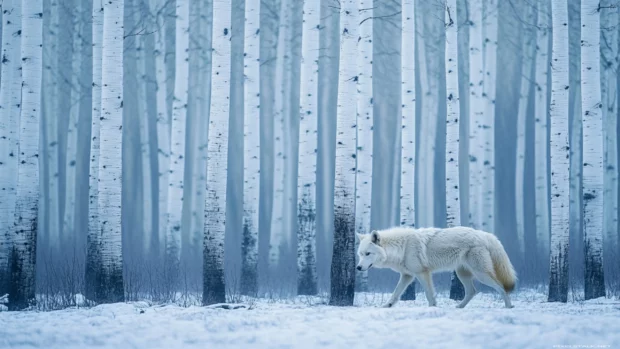 A lone white wolf walking through an ancient forest of frozen trees.