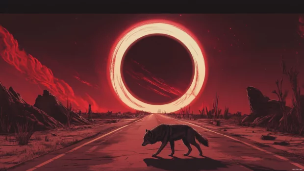 A lone wolf crosses a deserted road under a red eclipse sky.