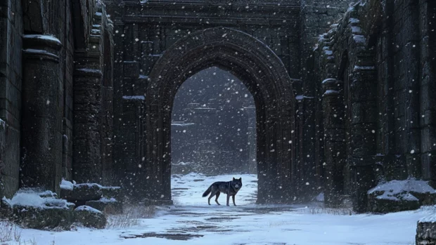 A lone wolf emerges from a snowstorm near ancient ruins.
