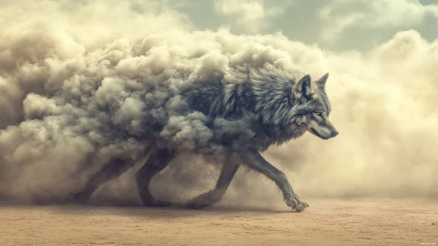 A lone wolf formed from smoke and ash walking away from a battle field.