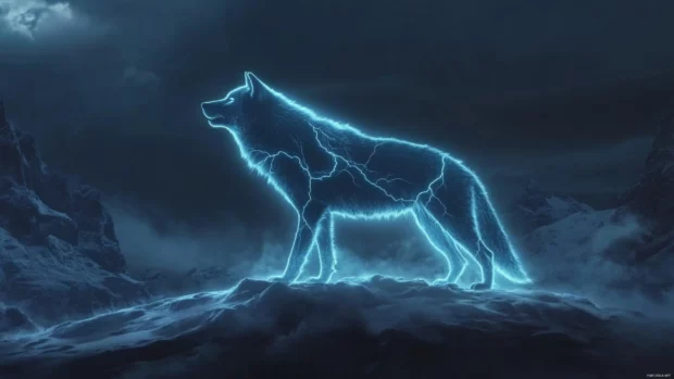 A lone wolf outlined in lightning howling at a stormy sky.