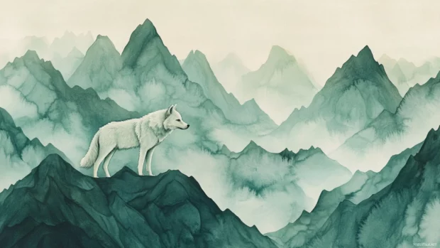 A lone wolf painted in soft green tones blends into layered mountain textures in the background.
