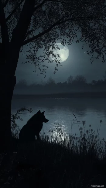 A lone wolf resting beside a calm lake under full moonlight.