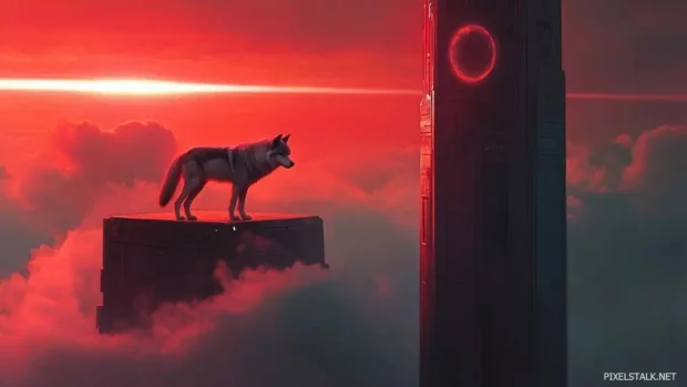 A lone wolf standing on a futuristic tower with laser lit sky.