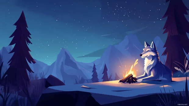 A lonely wolf resting beside a bonfire under a starry night on a mountain ledge.