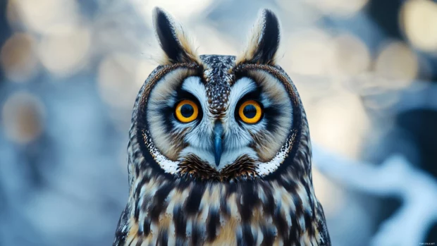 A long eared owl illuminated by golden hour light, its piercing eyes locked on the camera.
