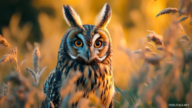 A long eared owl illuminated by golden hour light, its piercing eyes locked on the camera.