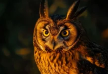 A long eared owl illuminated by golden hour light, its piercing eyes locked on the camera.