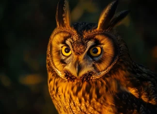 A long eared owl illuminated by golden hour light, its piercing eyes locked on the camera.