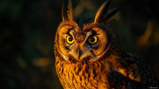A long eared owl illuminated by golden hour light, its piercing eyes locked on the camera.