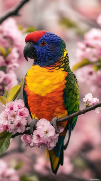 A lorikeet perched in cherry blossoms, perfect for HD wallpaper.