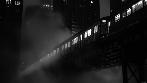 A low mist swirls beneath the elevated trains of the dark city.