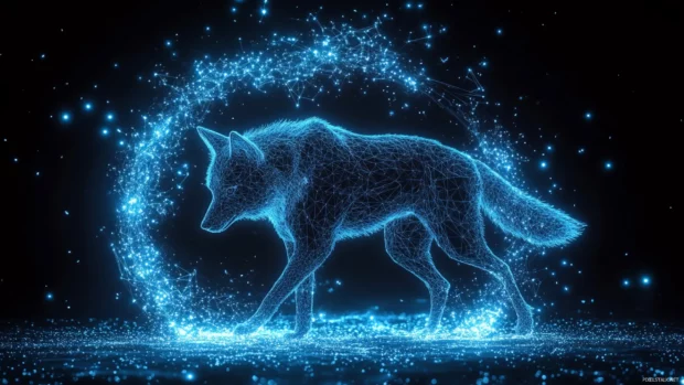 A low poly silhouette of a wolf walking into a portal of glowing constellations.
