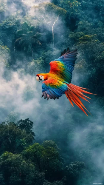 A macaw captured mid glide above the treetops, trailing feathers cutting across a misty sky.