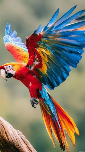 A macaw landing on a wooden perch in a jungle clearing.