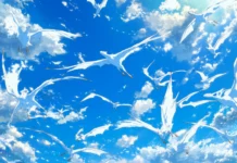 A magical Anime sky with flying dragons soaring through a sky filled with ethereal, fluffy clouds and soft light.