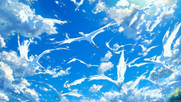 A magical Anime sky with flying dragons soaring through a sky filled with ethereal, fluffy clouds and soft light.
