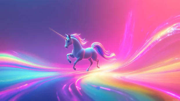 A magical High Resolution Unicorn Wallpaper with a unicorn prancing on a glowing rainbow path.