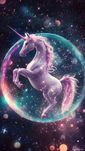 A magical bubble of glitter surrounds the unicorn in this unicorn glitter wallpaper.