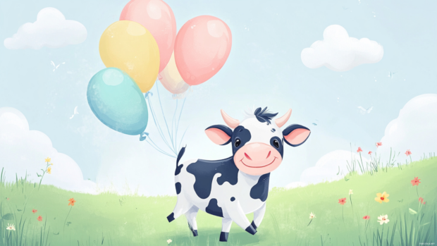 A magical cow floating with balloons in this High quality cute cow illustration.