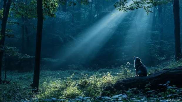 A magical forest clearing opens as the wolf howls under beams of moonlight.
