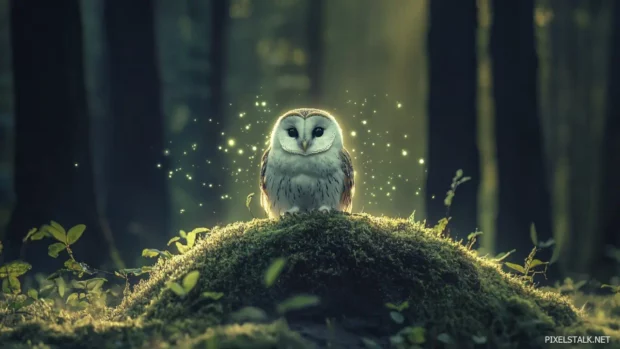 A magical forest clearing with a softly lit owl at center, surrounded by luminous dust.