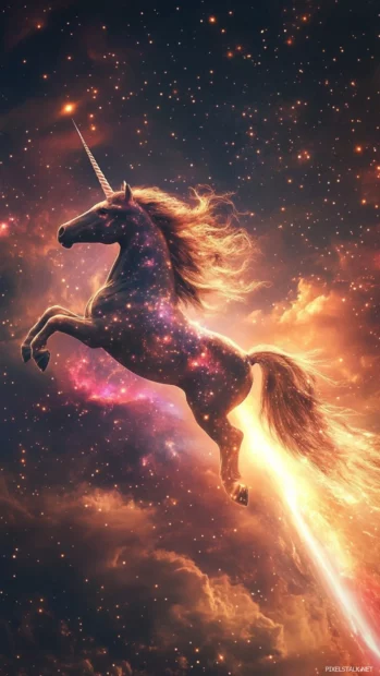A magical galaxy unicorn touching a comet tail mid flight.