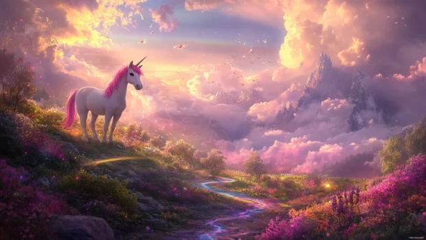 A magical landscape featuring a pink maned unicorn smiling under pastel rainbows, perfect as a cute unicorn wallpaper.