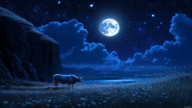 A magical moment with Cute Cow under a shining moon.
