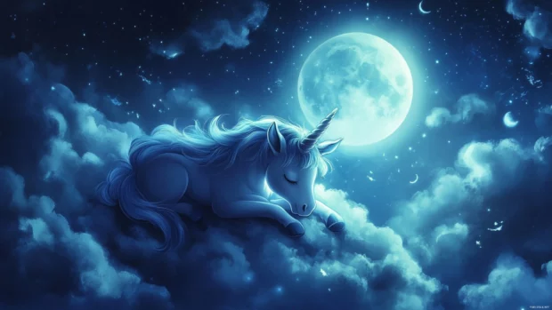 A magical moonlit scene in this Kawaii Unicorn Wallpaper Aesthetic showing a sleepy unicorn.