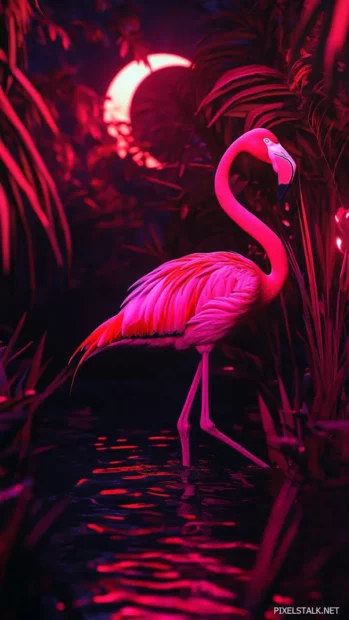 A magical night scene featuring a flamingo and glowing pink reeds beneath a crescent moon.