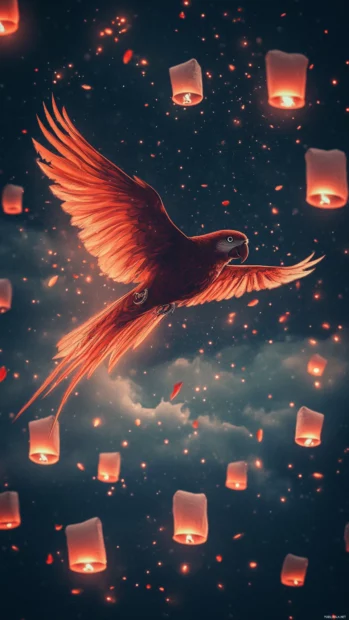 A magical parrot in flight, glowing feathers against evening lanterns.