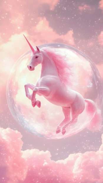 A magical pink unicorn floating inside a pastel orb in this Pink Unicorn wallpaper.