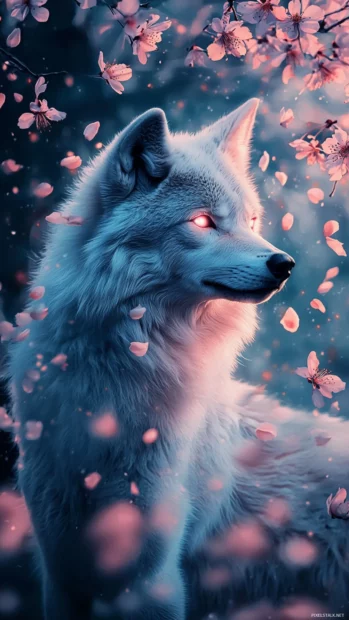 A magical scene of a glowing white wolf standing among falling blossoms.