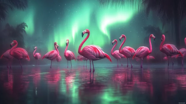 A magical scene where flamingos stand in glowing water under pastel colored aurora lights.