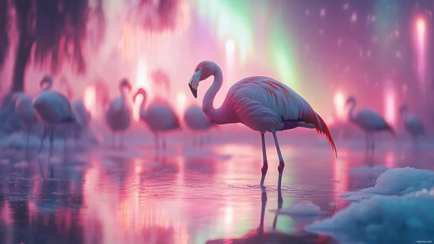 A magical scene where flamingos stand in glowing water under pastel colored aurora lights.