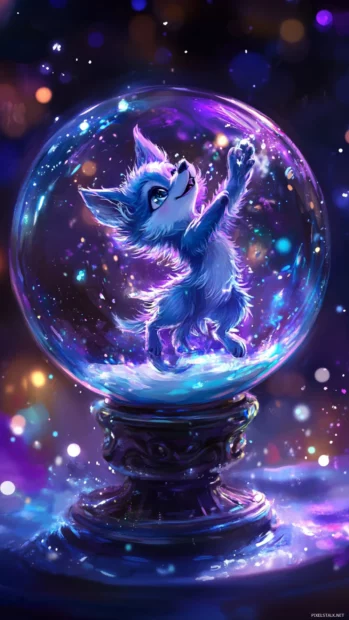 A magical snow globe with a dancing baby wolf inside.