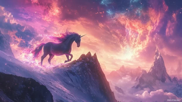 A magical storm of colors bursts around a unicorn as it gallops across a mountaintop.