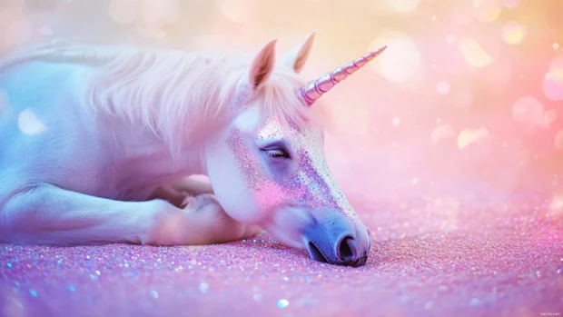 A magical unicorn with shimmering skin resting in a pastel dreamscape.