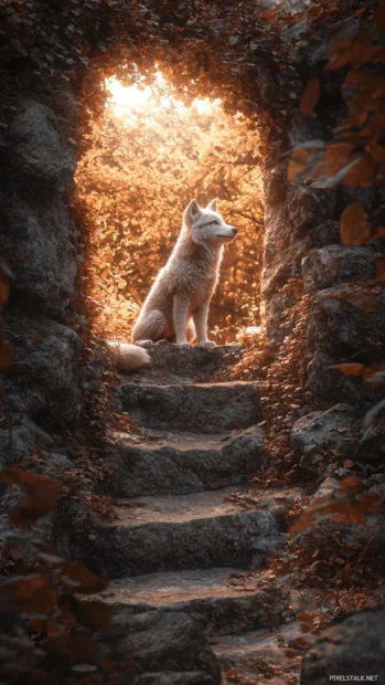 A magical vertical trail leading a glowing wolf pup upward through stone arches and cliffs.